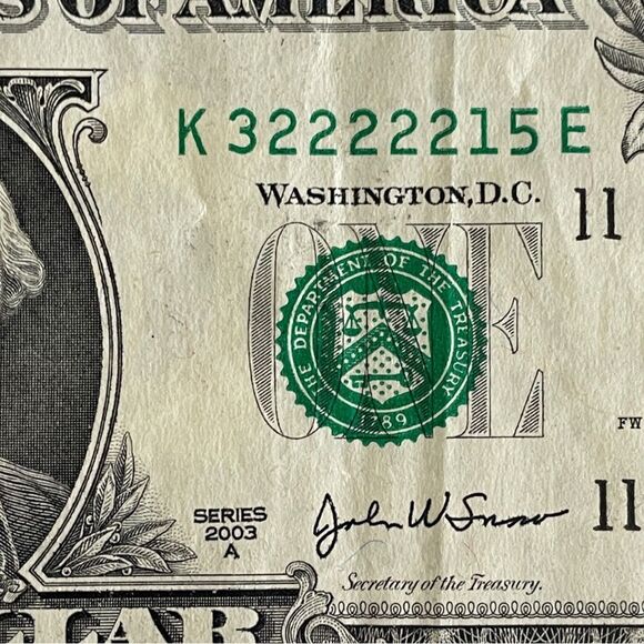 2003 $1 Bill – Fancy Serial Number 32222215 – Run of (5) Twos – Circulated - Picture 3 of 3